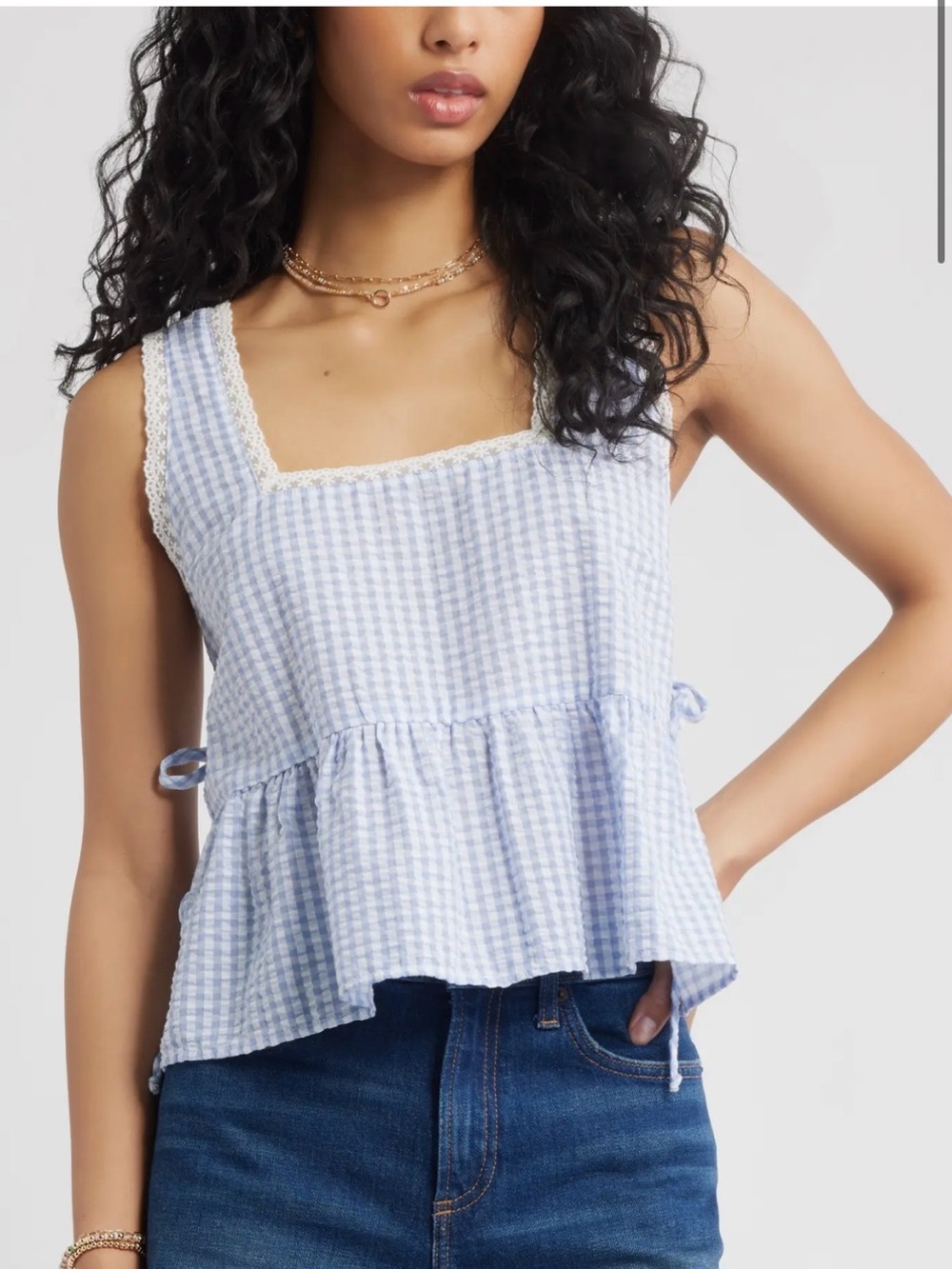 bp Nordstrom Pink Gingham Lace-Trim Peplum Tank Tie Sides